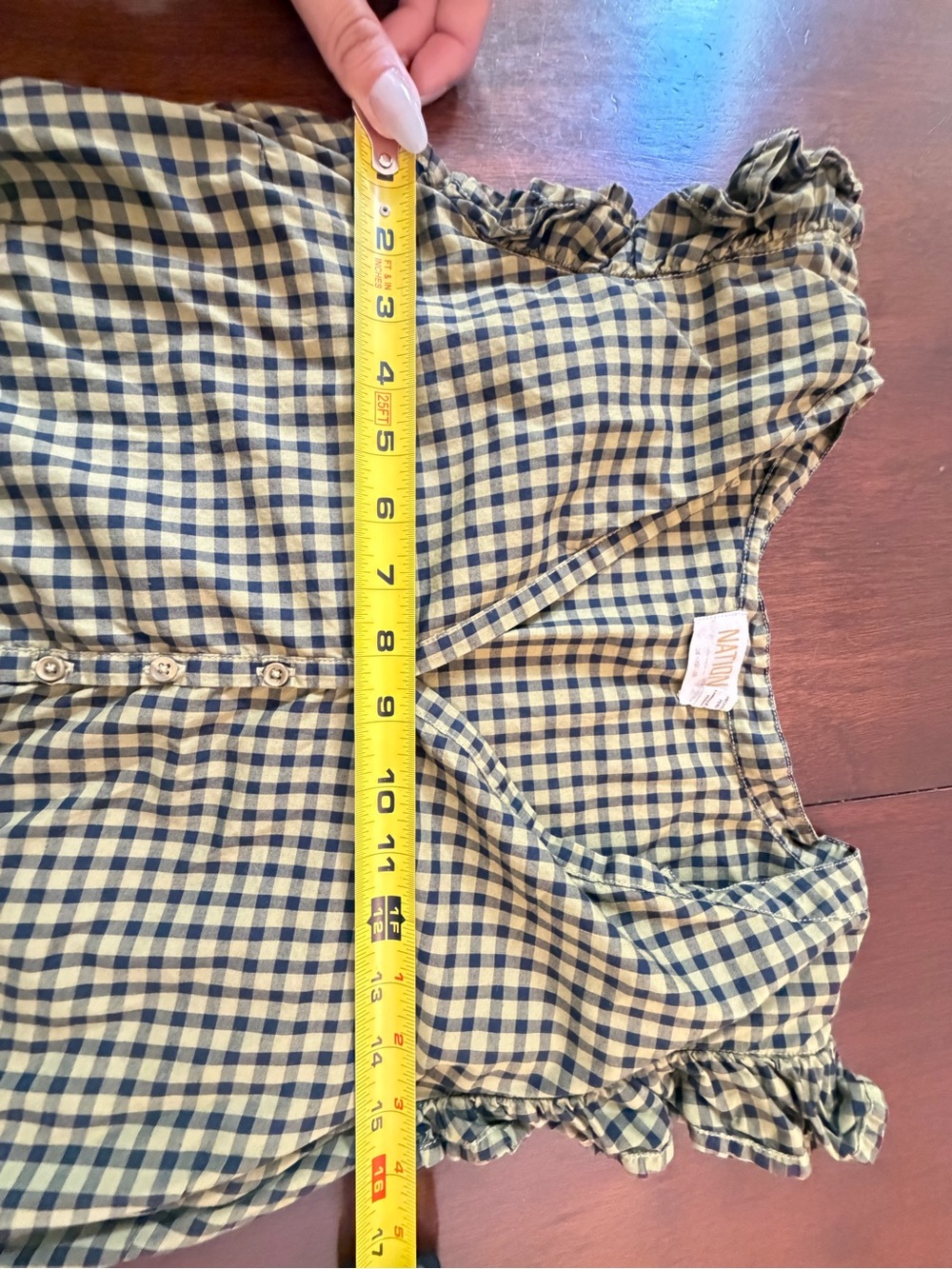 Nation LTD Tegan Ruffled Mini Dress Green Navy Check Pattern 100% Pima Cotton - Picture 9 of 11